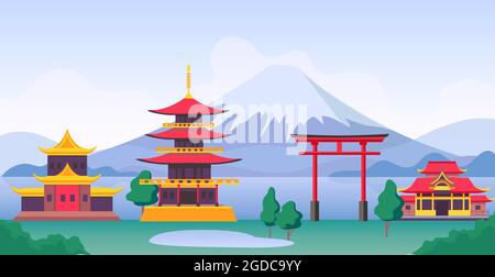 Japan landscape with mountain Fuji, landmarks, temples and old building. Japanese tourism travel scenery with pagoda and gates vector scene Stock Vector