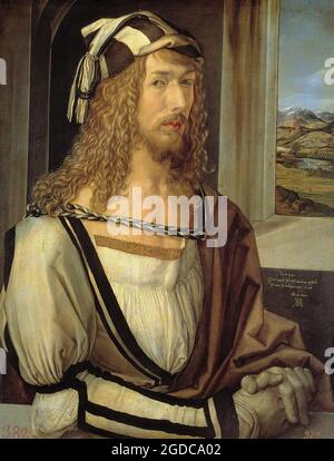 Title: Self Portrait with Gloves Creator: Albrecht Duerer Date: 1498 Medium: Oil on canvas Dimension: 52x41 cms Location: Museo Nacional del Prado Stock Photo