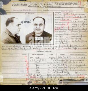 AL CAPONE (1899-1947) American gangster . His FBI criminal record in 1932  showing that most of the charges against him were dismissed/discharged. Stock Photo