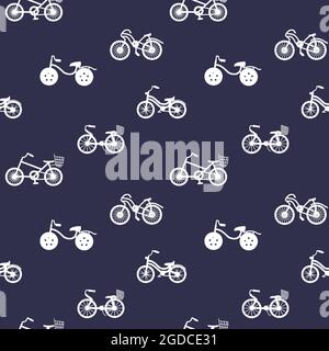 Seamless pattern with bicycle silhouettes. Bikes ornament on blue backgrounds. Transport backdrops for web design, wrapping papers, fabric Stock Vector