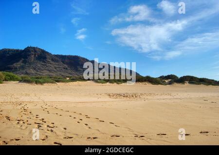 Footsteps in the sandy beach, of Polihale State Park on the Island of Kauai, Hawaii, head in every direction as visitors leave their imprint in the sa Stock Photo