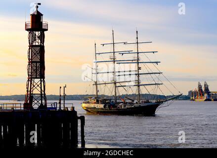 12/08/2021 Gravesend UK Sail training vessel Tenacious outbound in Tilburyness near Gravesend this evening after spending the past few days in London. Stock Photo