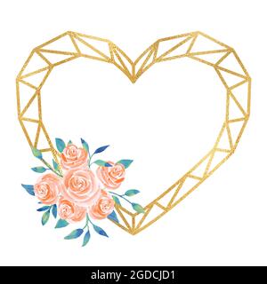 Gold heart frame with watercolor flower illustration. Golden geometric border with peach roses and navy blue branches clipart Stock Photo