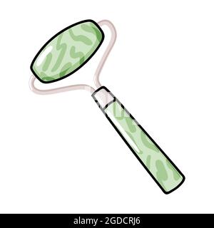 Jade massage nephrite green quartz roller icon illustration, facial gua sha stone massager, Acupuncture tool for face lifting and anti-aging, realistic doodle vector clipart isolated Stock Vector