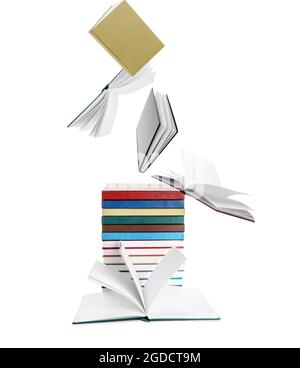 Flying books on white background Stock Photo