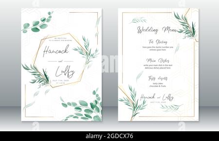 Luxury wedding invitation card template. Elegant of golden with green leaf watercolor on white background. Vector illustration.Eps10 Stock Vector