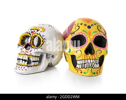 Painted human skulls for Mexico's Day of the Dead (El Dia de Muertos) on white background Stock Photo
