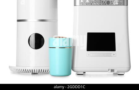 Modern humidifiers on white background Stock Photo