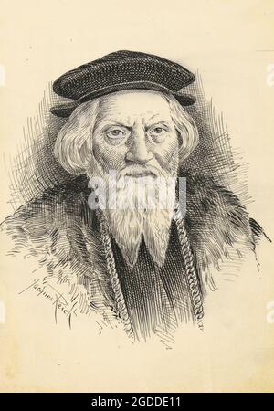 Pen and ink drawing of Venetian explorer Sebastian Cabot or Sebastiano Caboto by Jacques Reich (1852-1923) Stock Photo