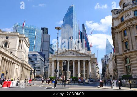 Bank Junction in the City of London with the Bank of London seen on the left, the Royal Exchange and new tower block 22 Bishopsgate Stock Photo