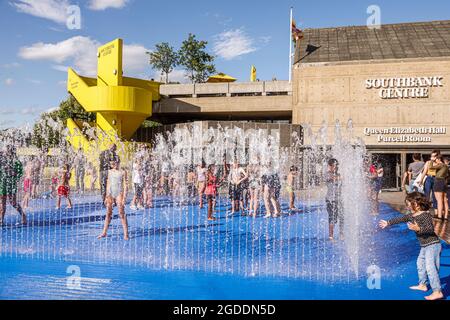 London England,UK Lambeth South Bank Southbank Centre center,Royal Festival Hall terrace children's water play splash fountain, Stock Photo