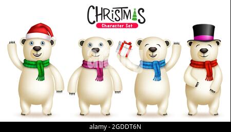Polar bear christmas characters vector set. 3d bears character in standing pose, waving and holding gift gesture for xmas celebration collection. Stock Vector