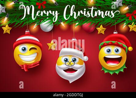 Christmas emoji character vector design. Merry christmas text with santa claus, elf and smiley characters hanging for xmas holiday decoration. Stock Vector