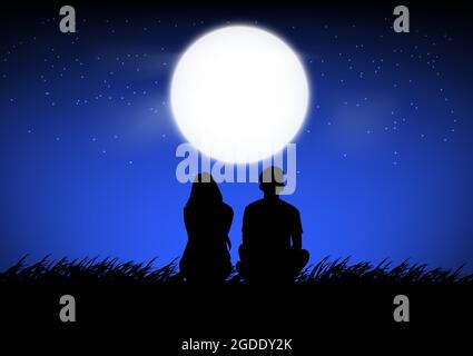 silhouette image A couple man and woman sitting with Moon on sky at night time design vector illustration Stock Vector