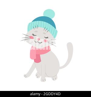 Cat in a winter hat, funny pets, vector illustration. Isolated. Flat design Stock Vector
