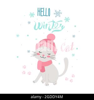 Cat in winter hat, Hello winter, vector illustration. Isolated. Flat design Stock Vector