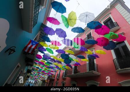Colorful Umbrellas of downtown San Juan, Puerto Rico s capital and largest city, sits on the island's Atlantic coast. Stock Photo