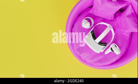 Top view, creative game concept, virtual reality headset with joysticks on hot pink round leather sofa and copy space on yellow background, 3d renderi Stock Photo