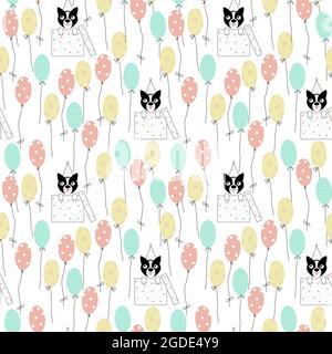 Cat or dog pattern with balloons. Birthday party with kitten or puppy looks out from gift box and ballons. Repeat texture with dog on white background Stock Vector
