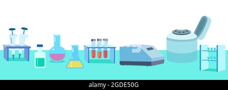 Banner on the theme of molecular biology and biotechnology, laboratory equipment and instruments for scientific research and experiments. Stock Vector