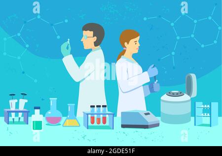 Scientists, man and woman, in the laboratory of molecular biology, carry out research among instruments and laboratory equipment. Stock Vector
