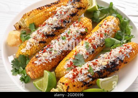 Elote, Grilled Mexican Street Corn, charred cobs are slathered in mayonnaise based sauce, seasoned with chili powder and sprinkled with cheese, cilant Stock Photo