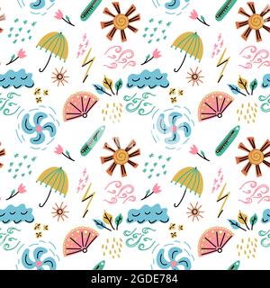 Weather of seasons of the year seamless pattern. Repeat endless pattern. Weather and seasons in doodle style. Modern simple design for cards, children Stock Vector