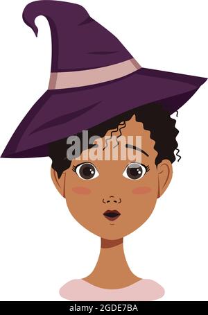 African American female avatar with black curly hair, surprise emotions, open eyed face and round mouth, wearing a witch hat. Halloween character in costume Stock Vector