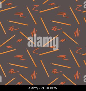 Seamless pattern with orange pencils on gray background. Stock Photo