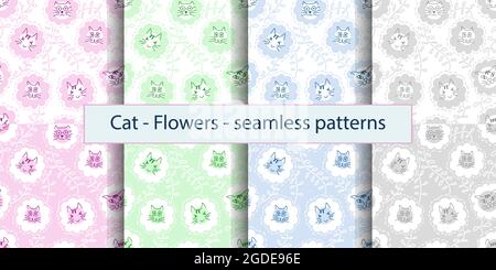 Set of seamless pattern Cat head in flowers . Repeat endless pattern with cute cat face. Outlined doodle cats tile for design textile, fabric, wallpap Stock Vector