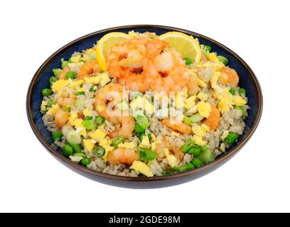 Chinese king prawn egg fried rice meal isolated on a white background Stock Photo