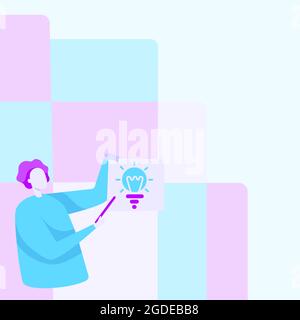Man Standing Drawing Holding Paper With Glowing Light Bulb While Pointing Stick. Gentleman Design Carrying Sheet With Rod On Hand Showing Picture. Stock Vector