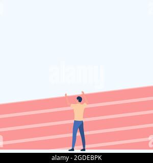 Athletic Man Drawing Standing On Track Field Raising Both Hands. Gentleman Design Stands On Race Tracks With Raised Hand Showing Celebration. Stock Vector