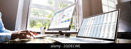 African American Office Employee Auditor Using Spreadsheet Stock Photo