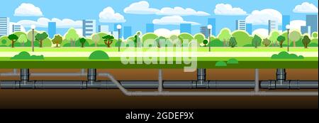 Pipeline for various purposes. Underground part of system. Against backdrop of big city. Illustration vector. Stock Vector