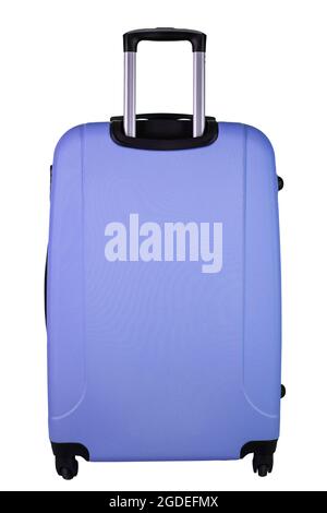 Plastic suitcase purple color on wheels for travel. Travel concept. File contains clipping path. Stock Photo