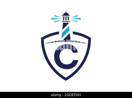 Initial C monogram alphabet in a shield with the lighthouse. Harbor logo. Font emblem. Modern vector lighthouse logo for business, organization Stock Vector