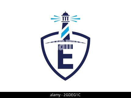 Initial E monogram alphabet in a shield with the lighthouse. Harbor logo. Font emblem. Modern vector lighthouse logo for business, organization Stock Vector