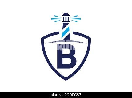Initial B monogram alphabet in a shield with the lighthouse. Harbor logo. Font emblem. Modern vector lighthouse logo for business, organization Stock Vector