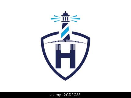 Initial H monogram alphabet in a shield with the lighthouse. Harbor logo. Font emblem. Modern vector lighthouse logo for business, organization Stock Vector