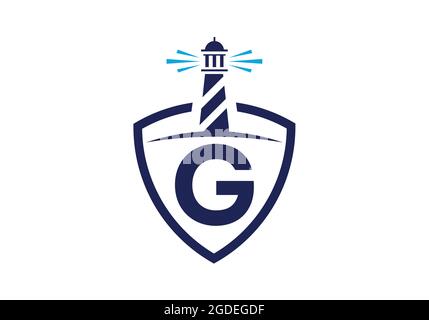 Initial G monogram alphabet in a shield with the lighthouse. Harbor logo. Font emblem. Modern vector lighthouse logo for business, organization Stock Vector