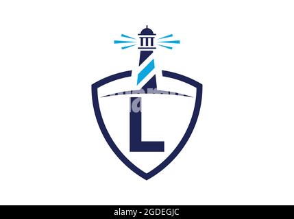 Initial L monogram alphabet in a shield with the lighthouse. Harbor logo. Font emblem. Modern vector lighthouse logo for business, organization Stock Vector