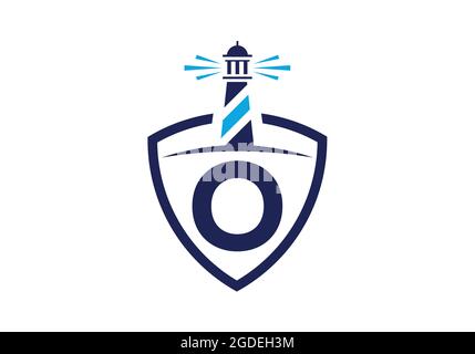 Initial O monogram alphabet in a shield with the lighthouse. Harbor logo. Font emblem. Modern vector lighthouse logo for business, organization Stock Vector