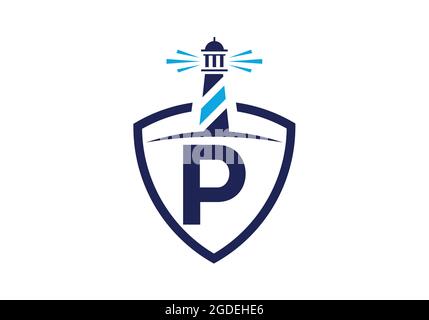 Initial P monogram alphabet in a shield with the lighthouse. Harbor logo. Font emblem. Modern vector lighthouse logo for business, organization Stock Vector