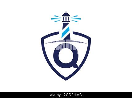 Initial Q monogram alphabet in a shield with the lighthouse. Harbor logo. Font emblem. Modern vector lighthouse logo for business, organization Stock Vector
