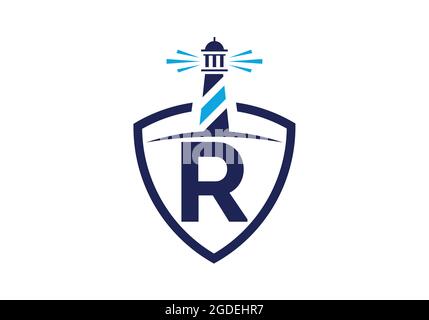 Initial R monogram alphabet in a shield with the lighthouse. Harbor logo. Font emblem. Modern vector lighthouse logo for business, organization Stock Vector