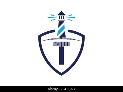 Initial T monogram alphabet in a shield with the lighthouse. Harbor logo. Font emblem. Modern vector lighthouse logo for business, organization Stock Vector