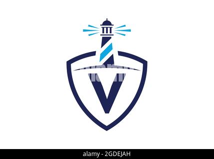 Initial V monogram alphabet in a shield with the lighthouse. Harbor logo. Font emblem. Modern vector lighthouse logo for business, organization Stock Vector
