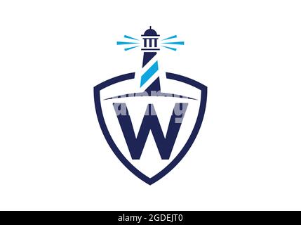 Initial W monogram alphabet in a shield with the lighthouse. Harbor logo. Font emblem. Modern vector lighthouse logo for business, organization Stock Vector