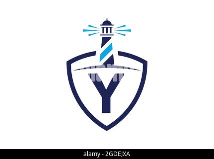 Initial Y monogram alphabet in a shield with the lighthouse. Harbor logo. Font emblem. Modern vector lighthouse logo for business, organization Stock Vector